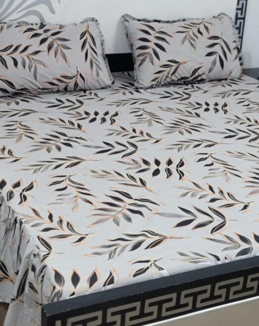 Luxury Printed Cotton King Size Bed Sheet Set with 2 Pillow Covers – Ash Grey & Black Botanical Leaf