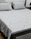 Luxury Printed Cotton King Size Frill Bed Sheet Set with 2 Pillow Covers – Light Grey Dandelion Floral