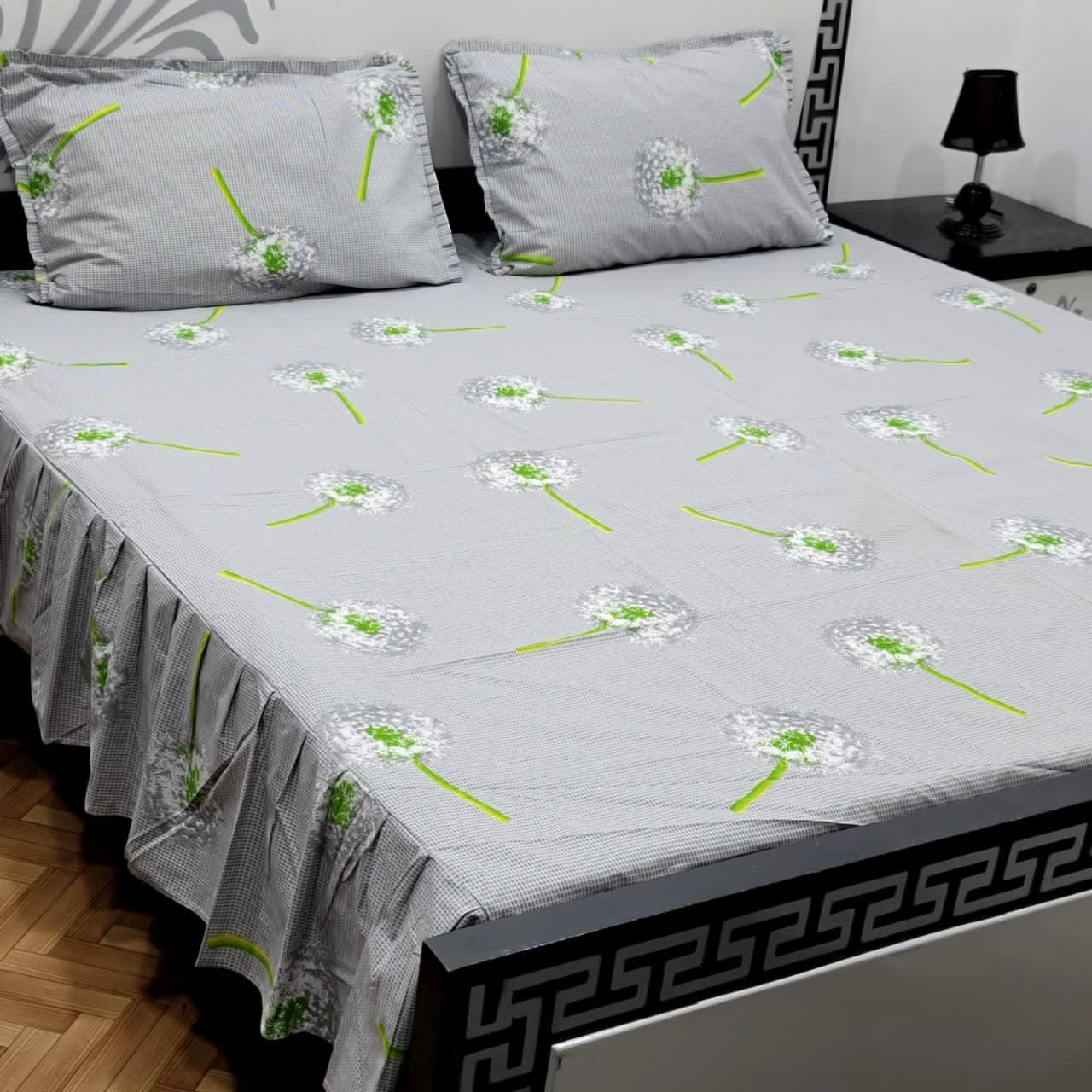 Luxury Printed Cotton King Size Frill Bed Sheet Set with 2 Pillow Covers – Light Grey Dandelion Floral