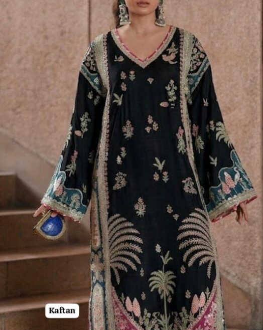 Luxury Kaftan Silk 2-Piece Unstitched Fully Heavy Embroidered Suit – Black