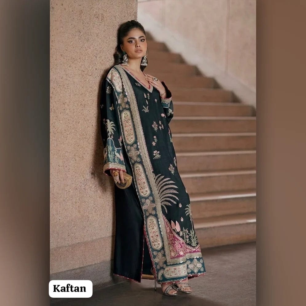 Luxury Kaftan Silk 2-Piece Unstitched Fully Heavy Embroidered Suit – Black