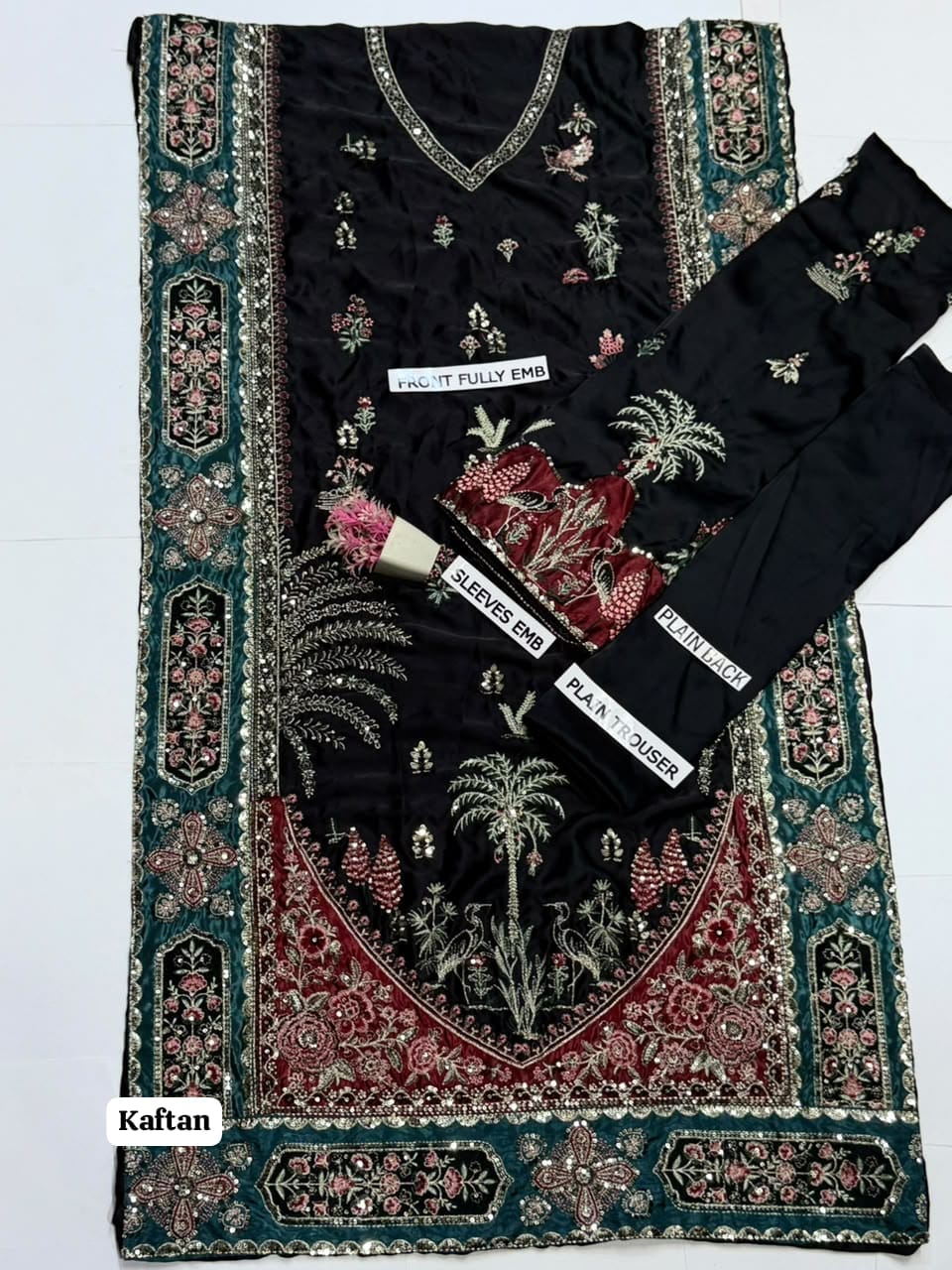 Luxury Kaftan Silk 2-Piece Unstitched Fully Heavy Embroidered Suit – Black