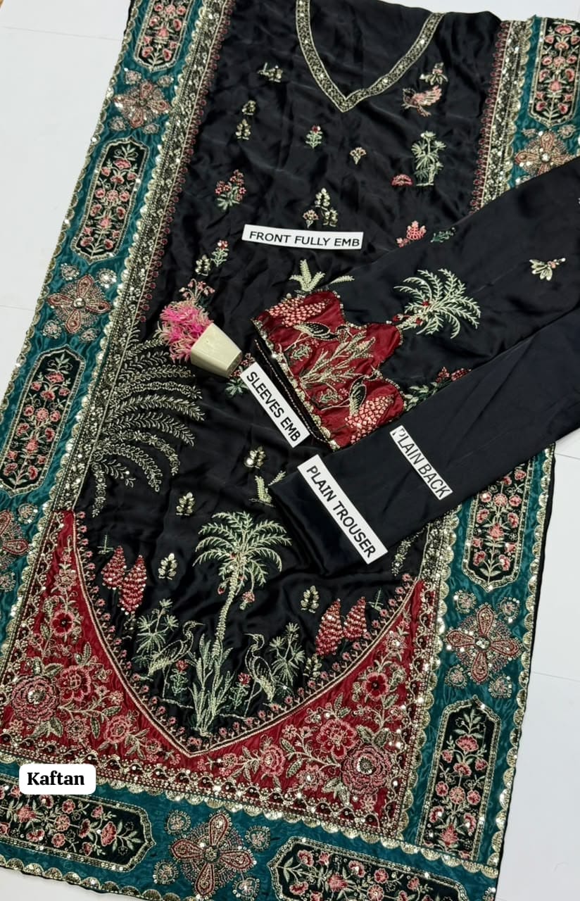 Luxury Kaftan Silk 2-Piece Unstitched Fully Heavy Embroidered Suit – Black