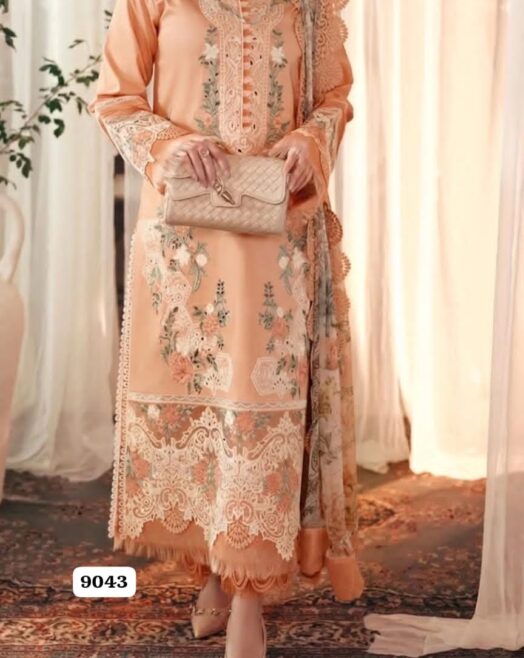 Dhanak Unstitched 3 Piece Heavy Embroidered Suit with Soft Twill Wool Printed Shawl – Peach