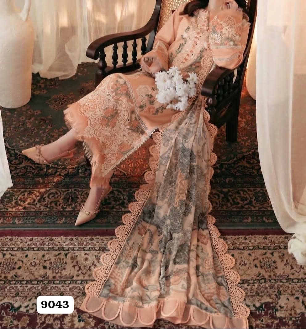 Dhanak Unstitched 3 Piece Heavy Embroidered Suit with Soft Twill Wool Printed Shawl – Peach