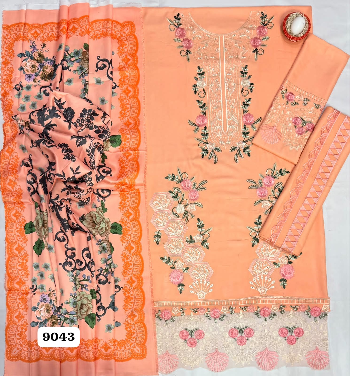 Dhanak Unstitched 3 Piece Heavy Embroidered Suit with Soft Twill Wool Printed Shawl – Peach