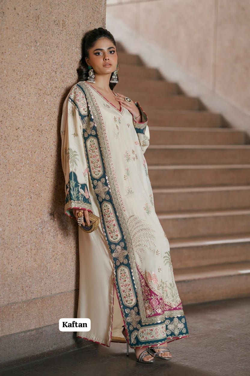 Luxury Kaftan Silk 2-Piece Unstitched Fully Heavy Embroidered Suit – Off-White