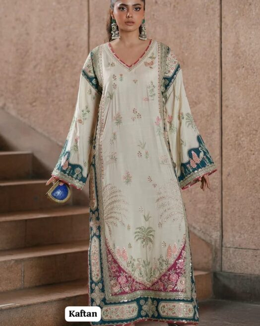 Luxury Kaftan Silk 2-Piece Unstitched Fully Heavy Embroidered Suit – Off-White