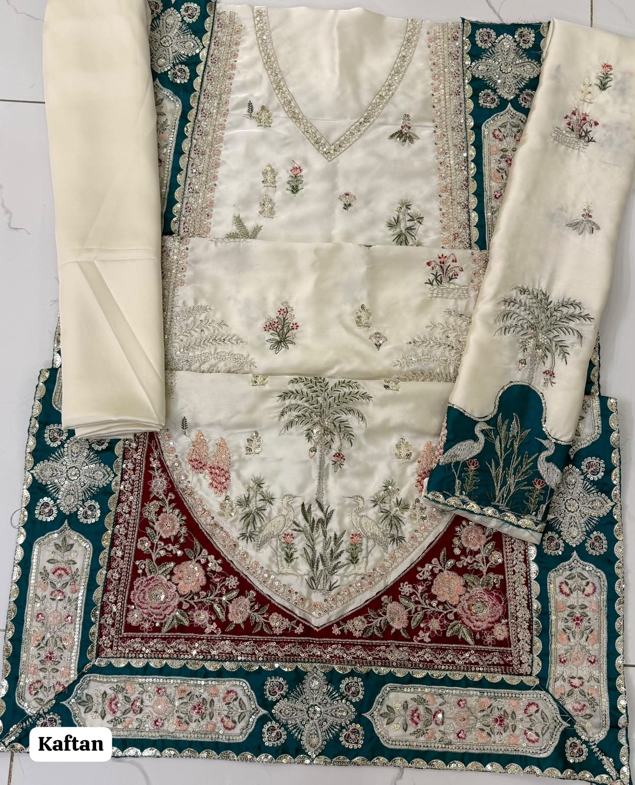 Luxury Kaftan Silk 2-Piece Unstitched Fully Heavy Embroidered Suit – Off-White