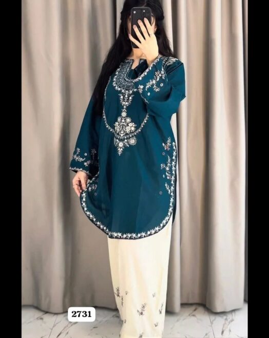 Luxury Silk Unstitched 2 Piece Heavy Embroidered Suit – Deep Teal