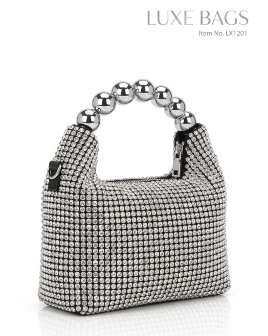Luxe Bags Fancy Rhinestone Hand Carry Mini Bag with Long Metal Chain – Silver
