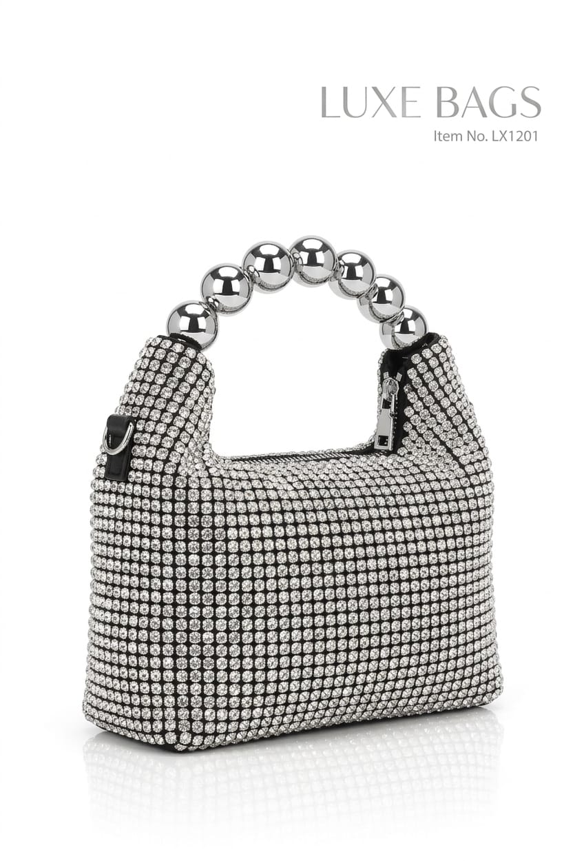 Luxe Bags Fancy Rhinestone Hand Carry Mini Bag with Long Metal Chain – Silver