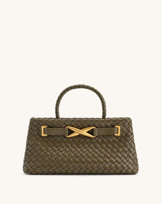 Luxury Woven Leatherette Top-Handle Handbag with Gold X-Buckle Strap