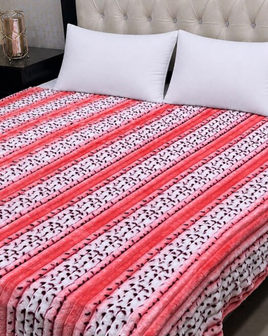 Premium Puffy Ultra-Soft AC Double Bed Blanket – Coral Pink & White Striped