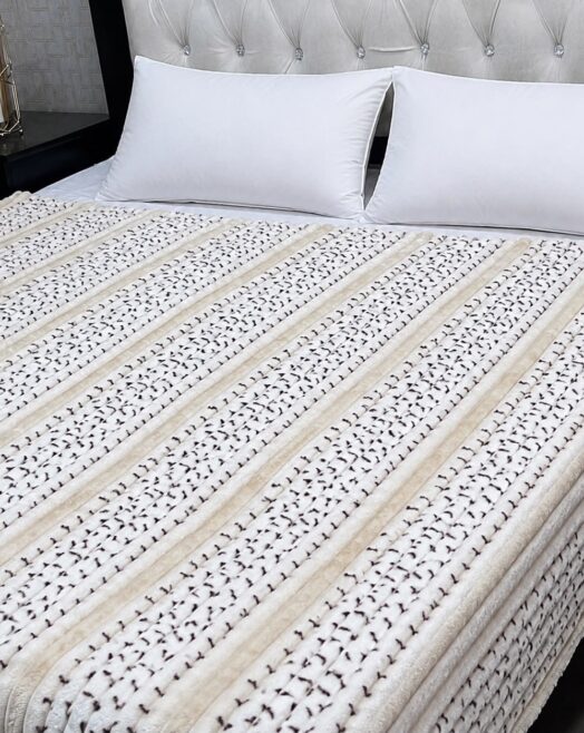 Premium Puffy Ultra-Soft AC Double Bed Blanket – Cream Beige & Off-White Striped