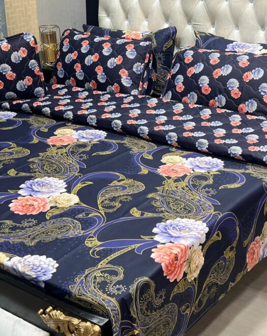 7-Piece Premium Floral & Paisley Printed Cotton Blend King Size Comforter Set – Navy Blue