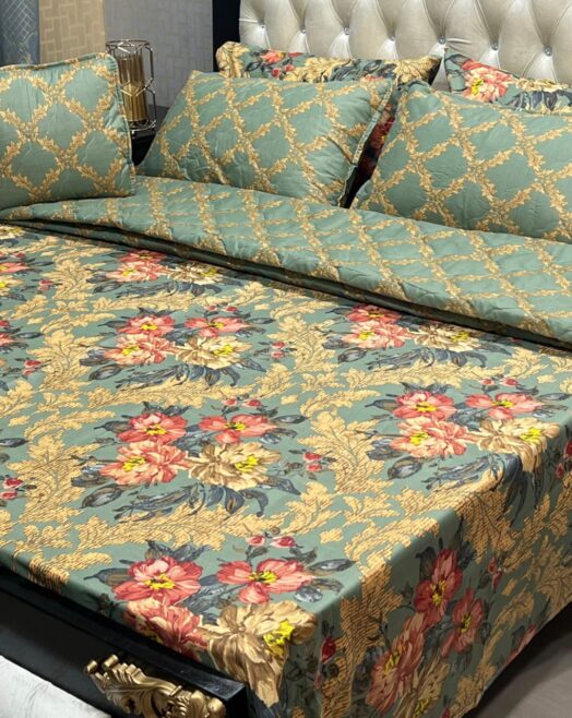 7-Piece Premium Royal Floral & Trellis Printed Cotton Blend King Size Comforter Set – Sage Green