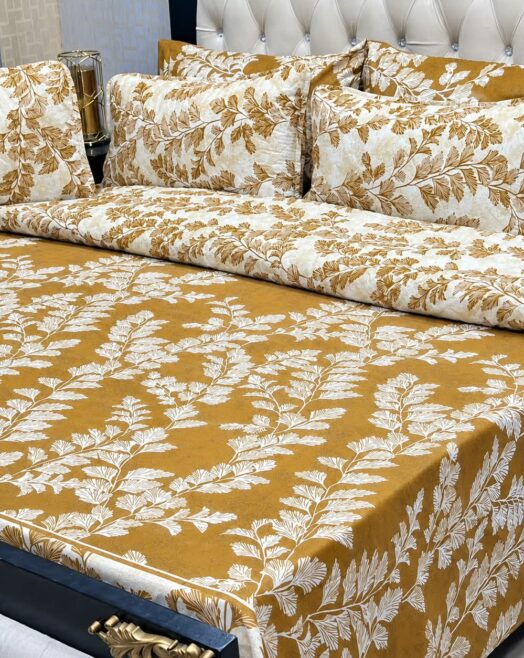 7-Piece Premium Botanical Leaf Printed Cotton Blend King Size Comforter Set – Mustard Gold
