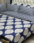 7-Piece Premium Block Print Floral & Chevron Printed Cotton Blend King Size Comforter Set – Dark Navy Blue