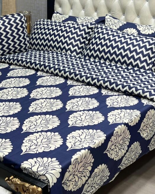 7-Piece Premium Block Print Floral & Chevron Printed Cotton Blend King Size Comforter Set – Dark Navy Blue