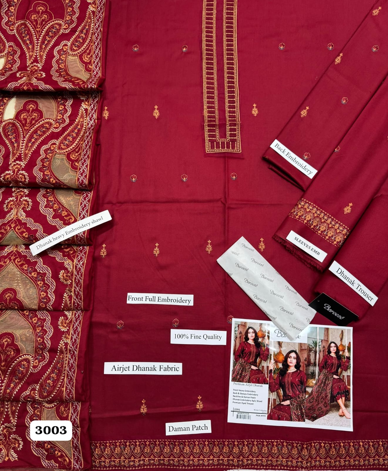 Premium Airjet Dhanak 3-Piece Unstitched Winter Suit with Heavy Applic Embroidered Shawl