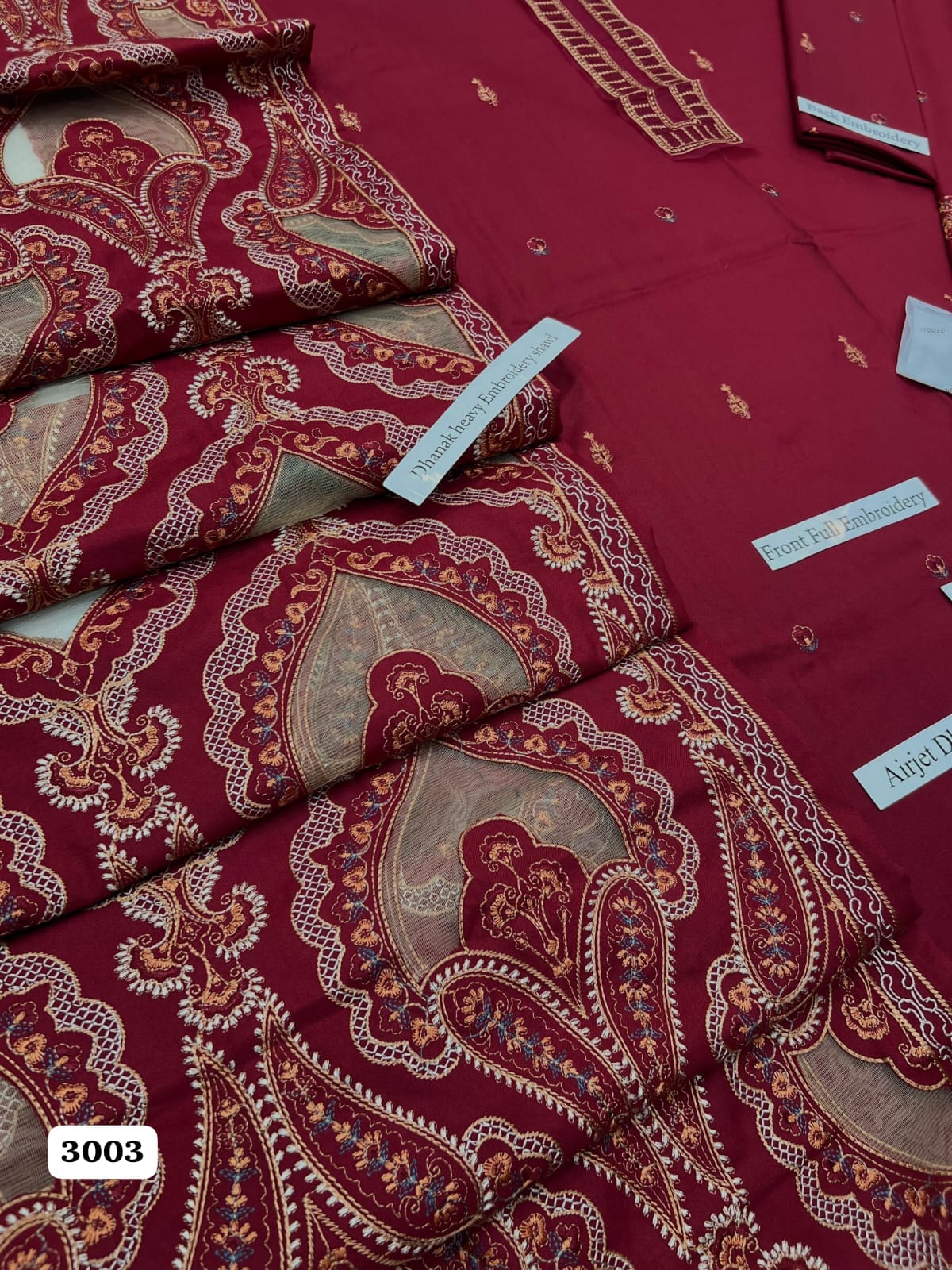 Premium Airjet Dhanak 3-Piece Unstitched Winter Suit with Heavy Applic Embroidered Shawl
