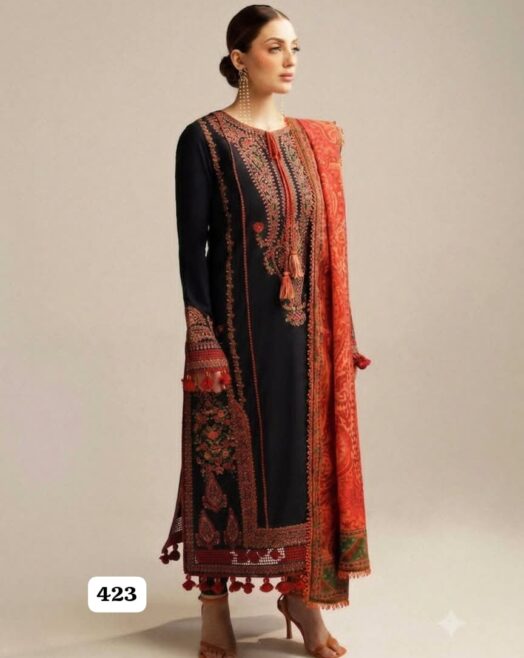 Hussain Rehar Luxury Unstitched 3 Piece Embroidered Dhanak Suit with Woolen Shawl