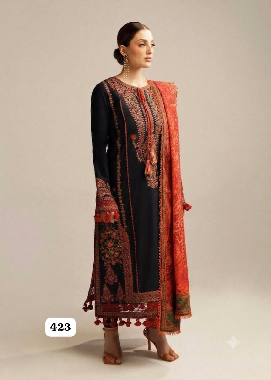 Hussain Rehar Luxury Unstitched 3 Piece Embroidered Dhanak Suit with Woolen Shawl