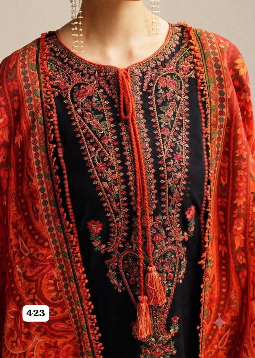 Hussain Rehar Luxury Unstitched 3 Piece Embroidered Dhanak Suit with Woolen Shawl