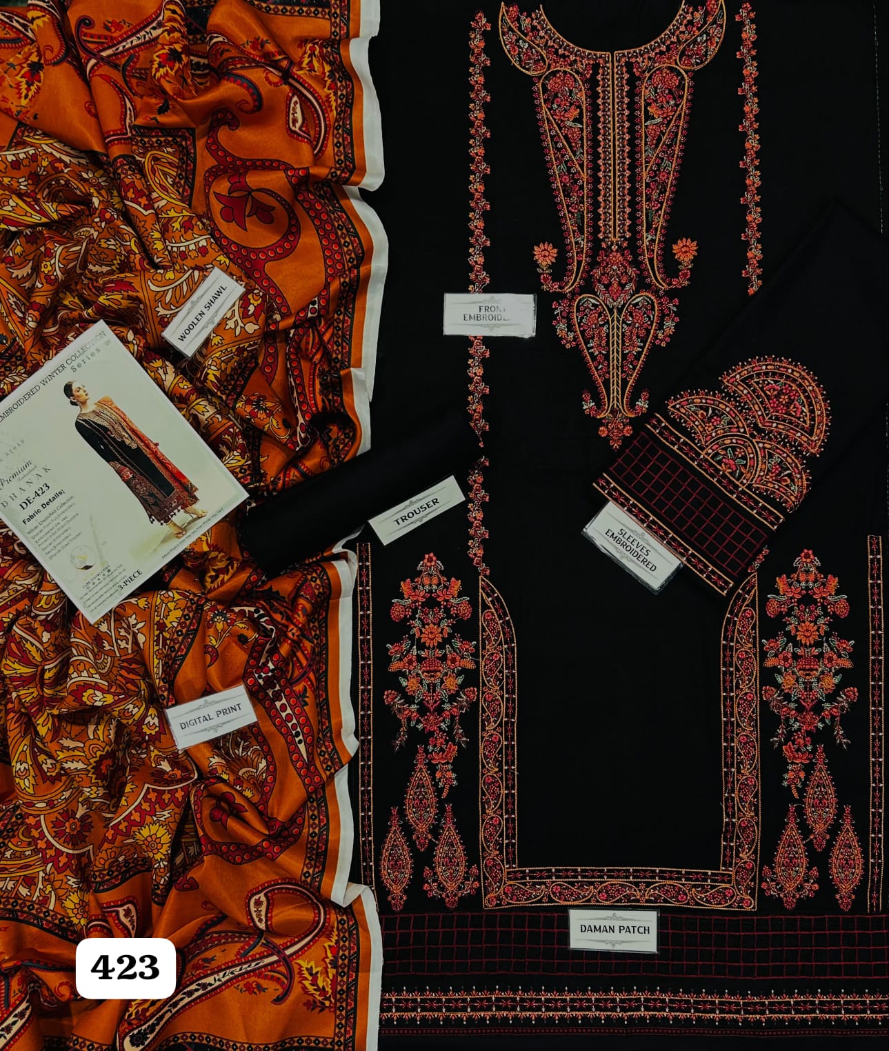 Hussain Rehar Luxury Unstitched 3 Piece Embroidered Dhanak Suit with Woolen Shawl