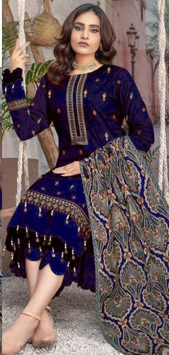Premium Airjet Dhanak 3-Piece Unstitched Winter Suit with Heavy Applic Embroidered Shawl