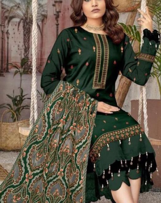 Premium Airjet Dhanak 3-Piece Unstitched Winter Suit with Heavy Applic Embroidered Shawl