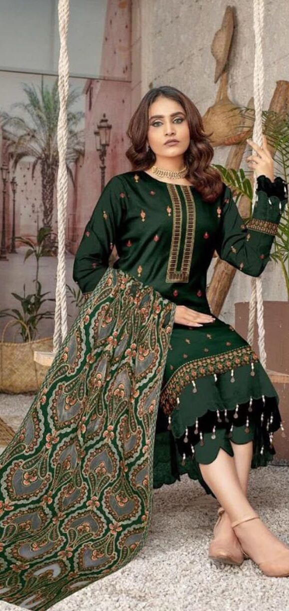 Premium Airjet Dhanak 3-Piece Unstitched Winter Suit with Heavy Applic Embroidered Shawl