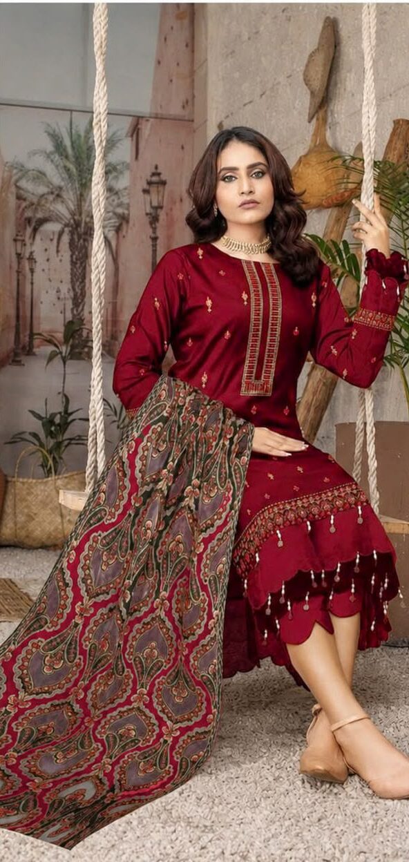 Premium Airjet Dhanak 3-Piece Unstitched Winter Suit with Heavy Applic Embroidered Shawl