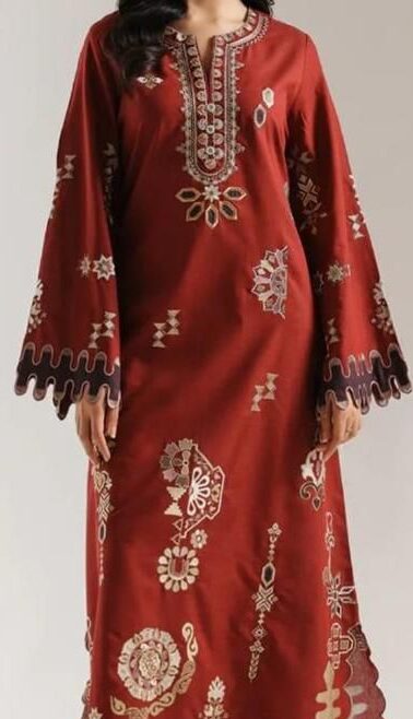 Ethnic Premium Unstitched Airjet Dhanak 2-Piece Embroidered Suit– Maroon