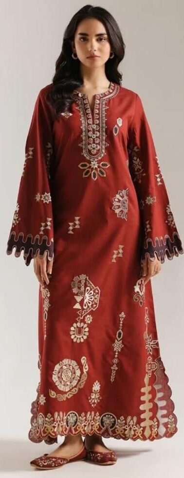 Ethnic Premium Unstitched Airjet Dhanak 2-Piece Embroidered Suit– Maroon