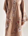 Ethnic Premium Unstitched Airjet Dhanak 2-Piece Embroidered Suit– Beige featuring heavy front embroidery with circular medallion motifs and floral daman, paired with embroidered sleeves. Perfect choice for those seeking an elegant Dhanak 2-Piece Embroidered Suit.