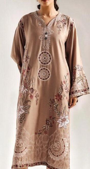 Ethnic Premium Unstitched Airjet Dhanak 2-Piece Embroidered Suit– Beige featuring heavy front embroidery with circular medallion motifs and floral daman, paired with embroidered sleeves. Perfect choice for those seeking an elegant Dhanak 2-Piece Embroidered Suit.