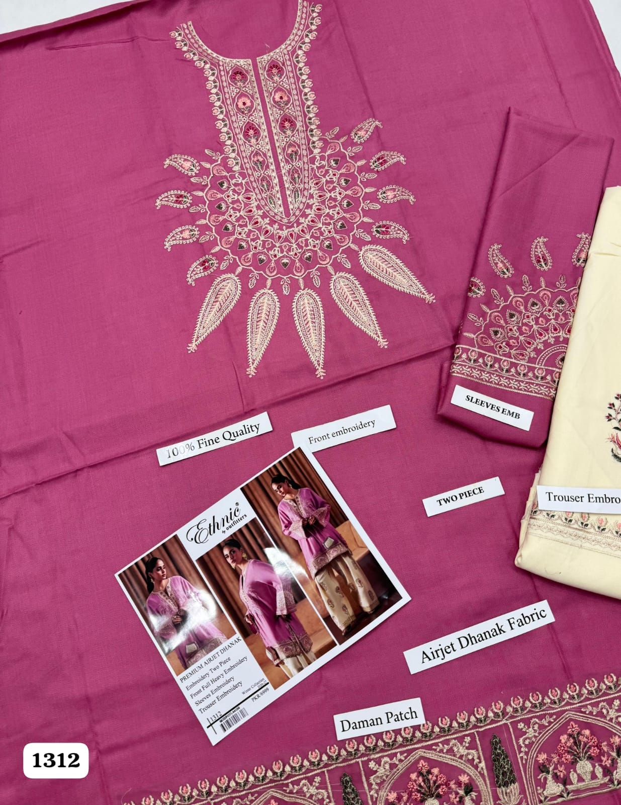 Ethnic Premium Unstitched Airjet Dhanak 2-Piece Embroidered Suit– Lilac Pink