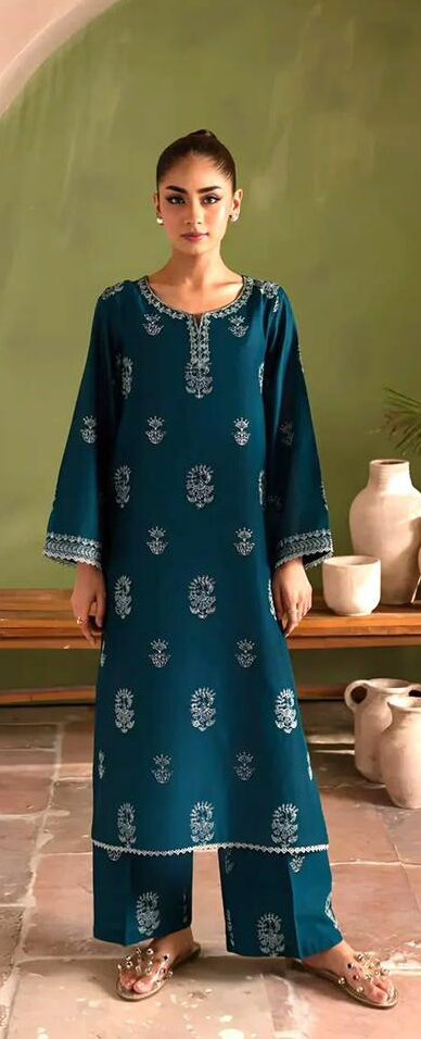 Batik Premium Unstitched Airjet Dhanak 2-Piece Embroidered Suit– Teal Blue