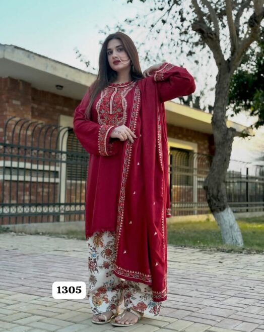 Aneelas Luxury Embroidered Dhanak Suit with Embroidered Dhanak Shawl