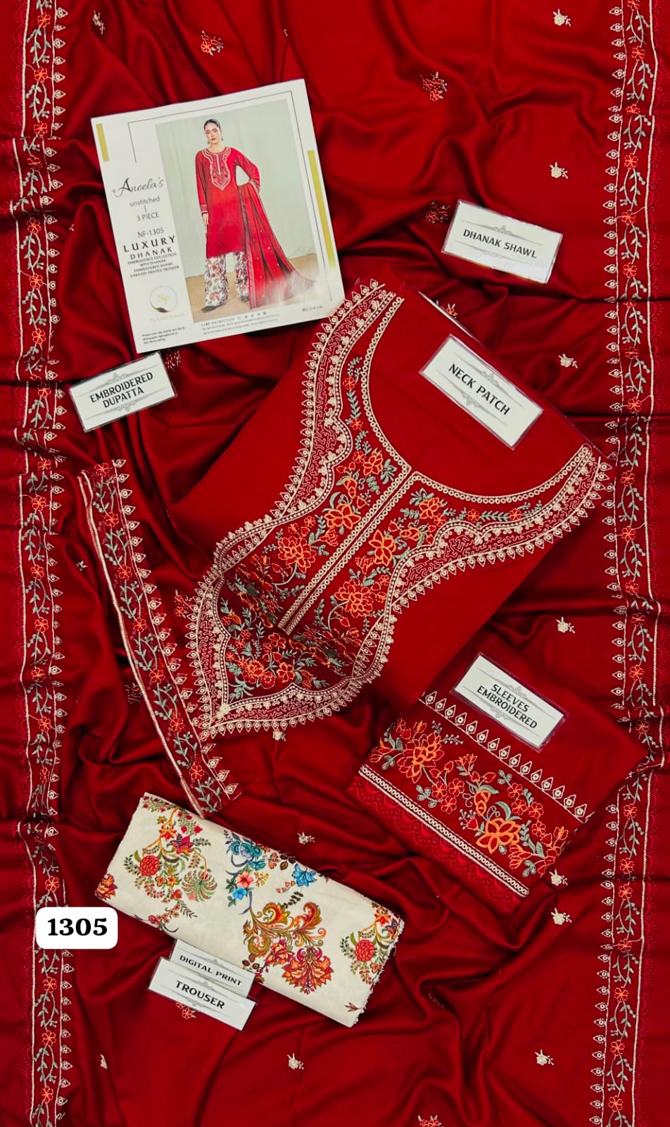 Aneelas Luxury Embroidered Dhanak Suit with Embroidered Dhanak Shawl