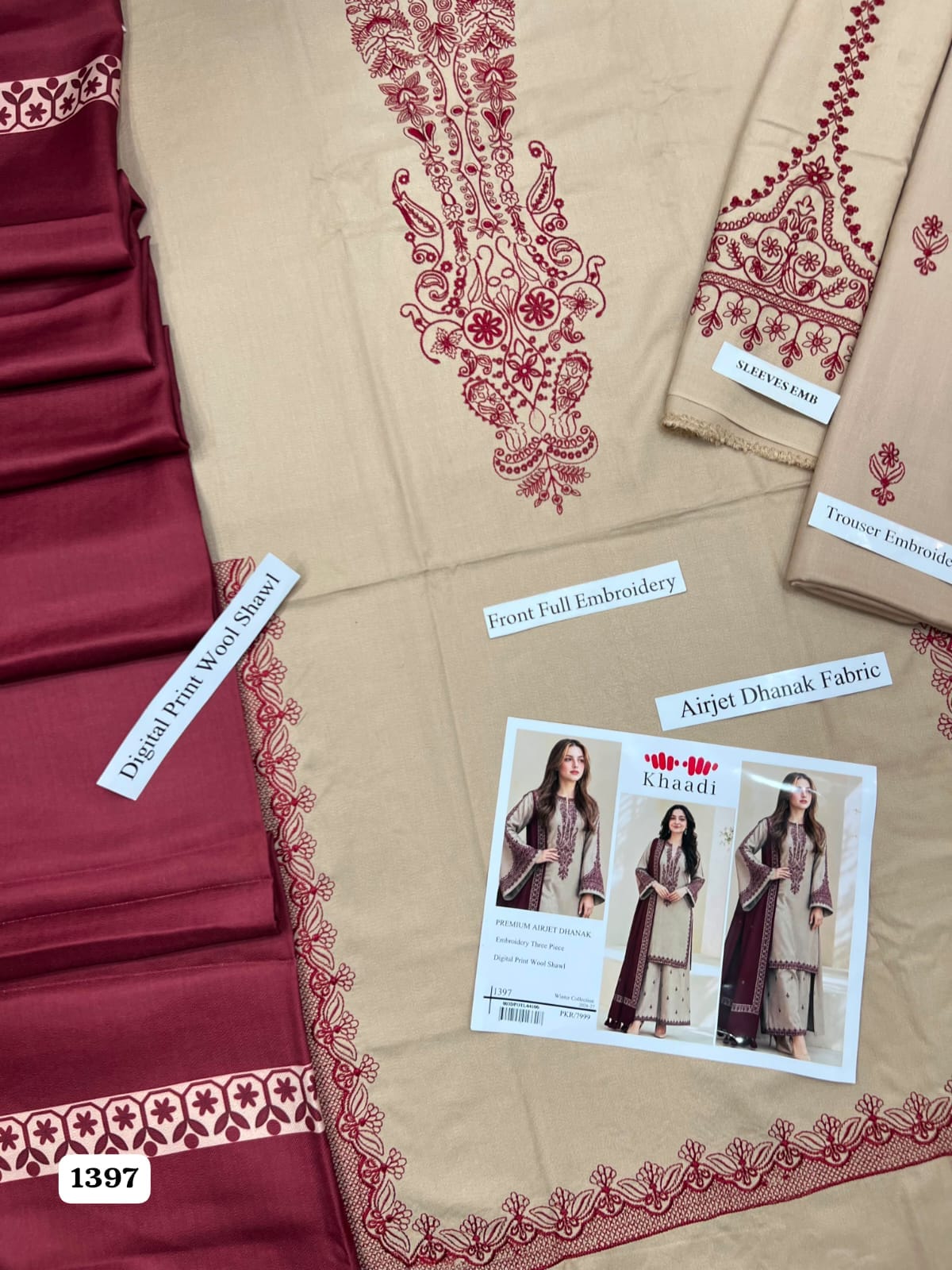 Khaadi Premium Unstitched Airjet Dhanak 3-Piece Embroidered Suit– Beige
