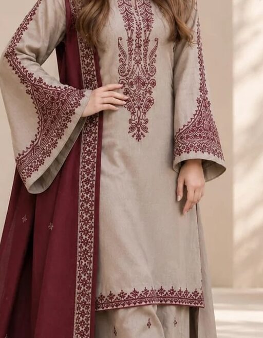 Khaadi Premium Unstitched Airjet Dhanak 3-Piece Embroidered Suit– Beige