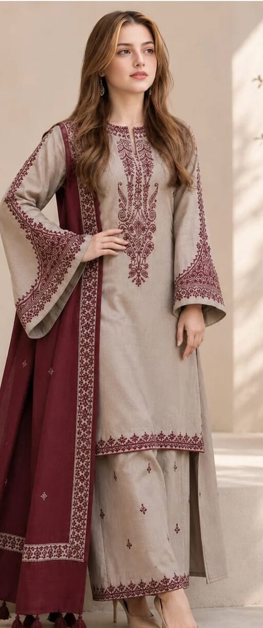 Khaadi Premium Unstitched Airjet Dhanak 3-Piece Embroidered Suit– Beige