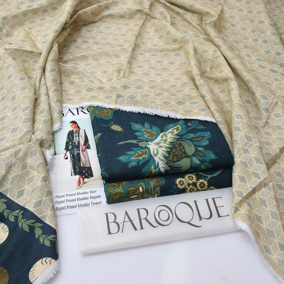 Baroque Premium Unstitched Khaddar 3-Piece Printed Suit– Dark Teal