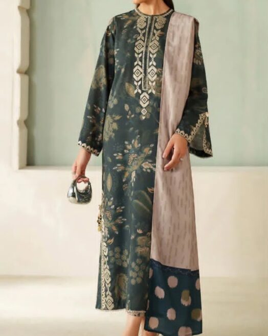 Baroque Premium Unstitched Khaddar 3-Piece Printed Suit– Dark Teal