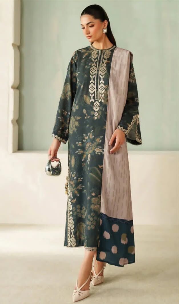 Baroque Premium Unstitched Khaddar 3-Piece Printed Suit– Dark Teal
