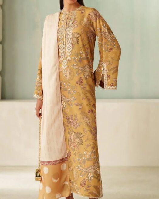 Baroque Premium Unstitched Khaddar 3-Piece Printed Suit– Mustard Gold
