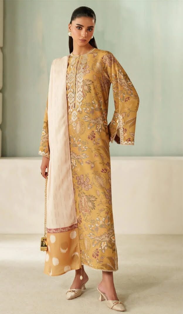 Baroque Premium Unstitched Khaddar 3-Piece Printed Suit– Mustard Gold